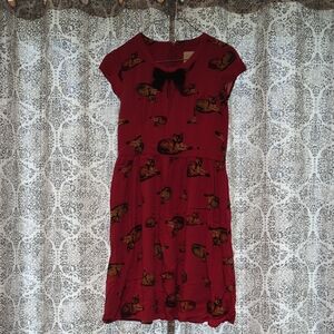 Playful Red Dress with Cat Print and Black Bow